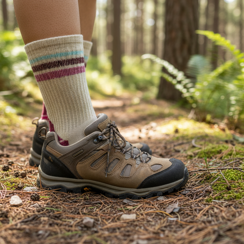 Men's Merino Wool Crew Hiking Sock worn in hiking shoe