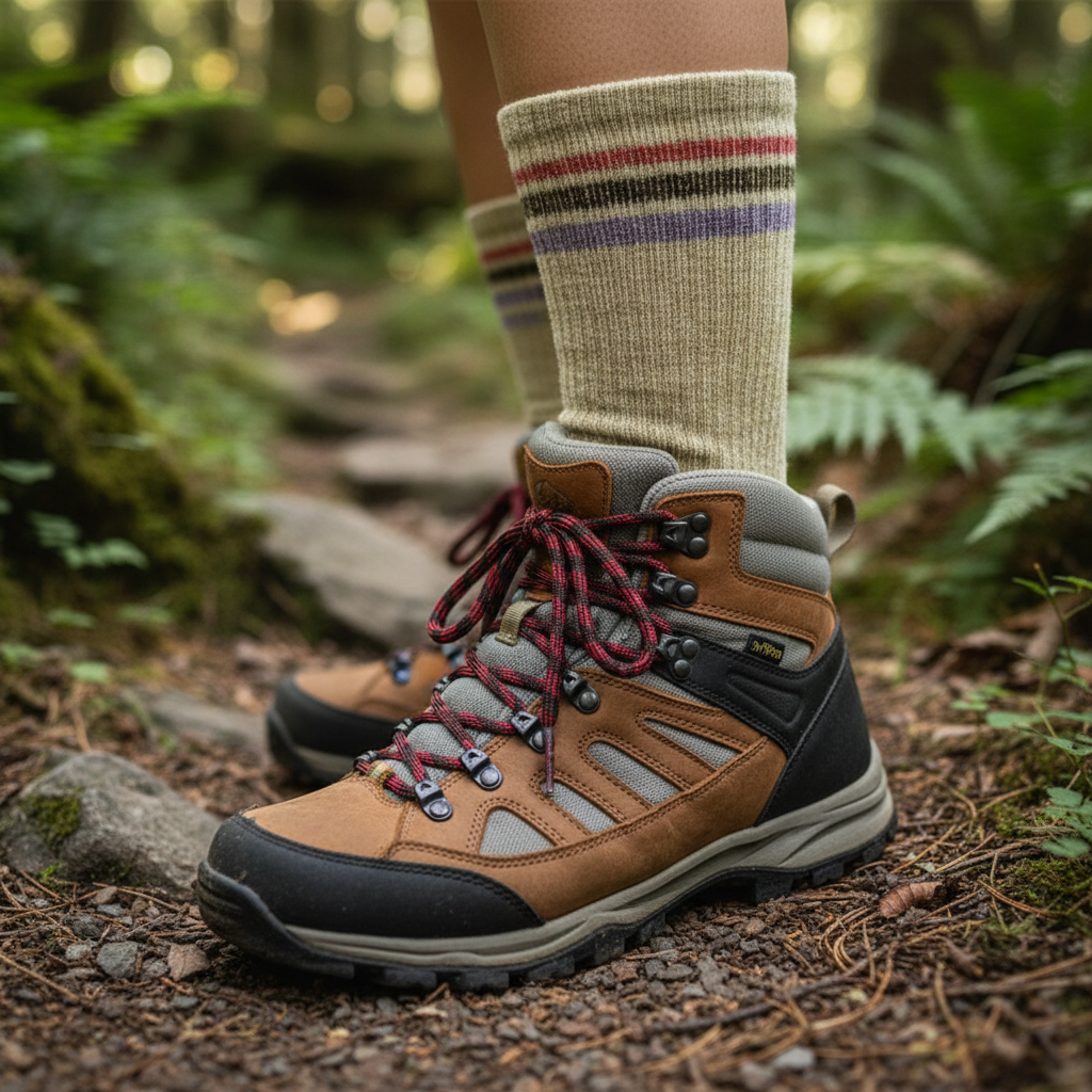 Women's Merino Wool Crew Hiking Sock in hiking shoe